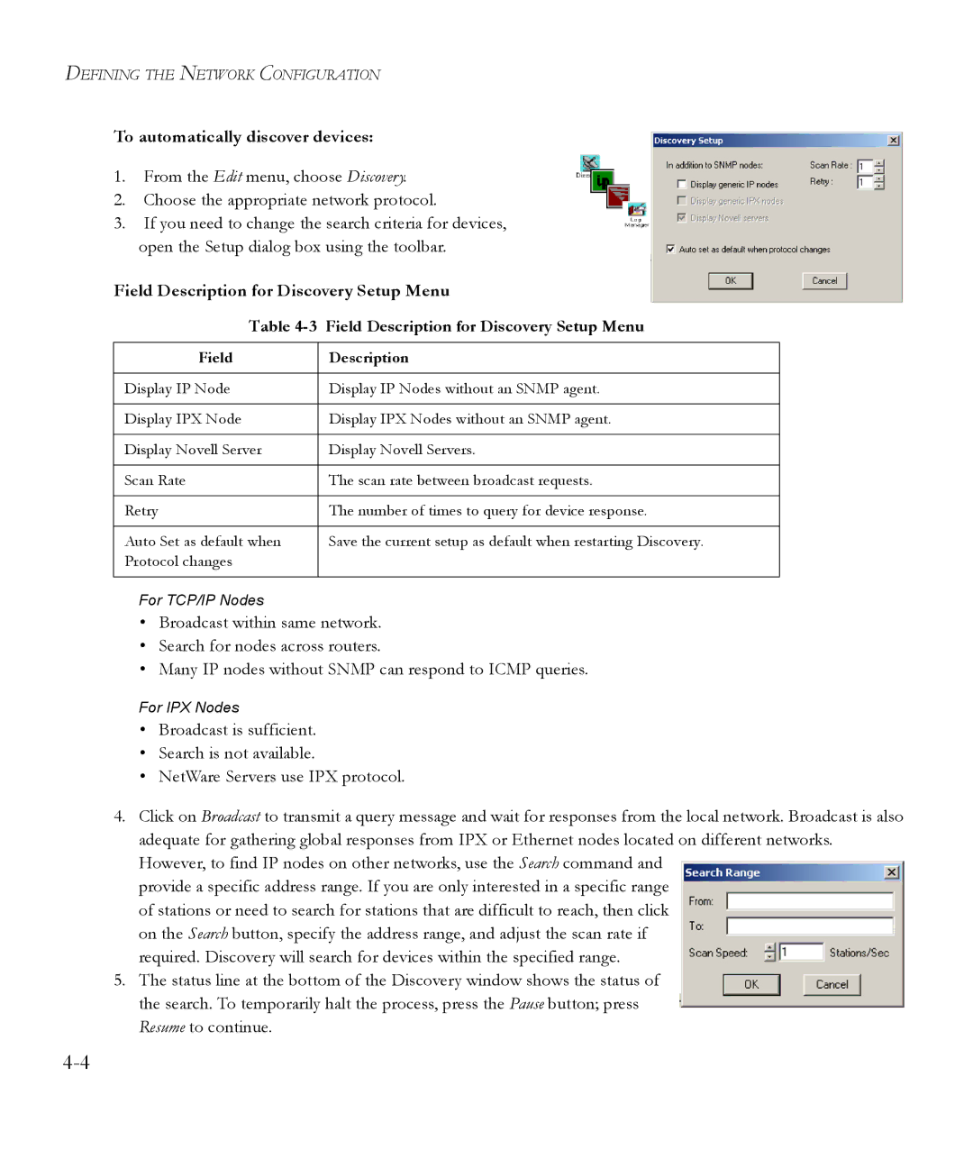 SMC Networks 6.20 manual To automatically discover devices, Field Description for Discovery Setup Menu 