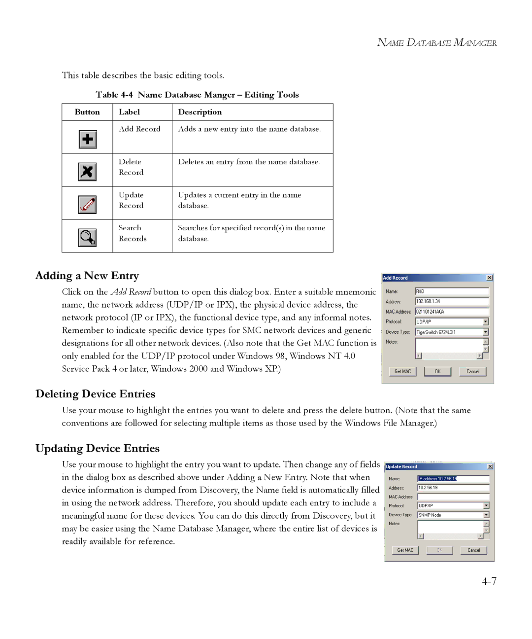 SMC Networks 6.20 Adding a New Entry, Deleting Device Entries, Updating Device Entries, Name Database Manger Editing Tools 