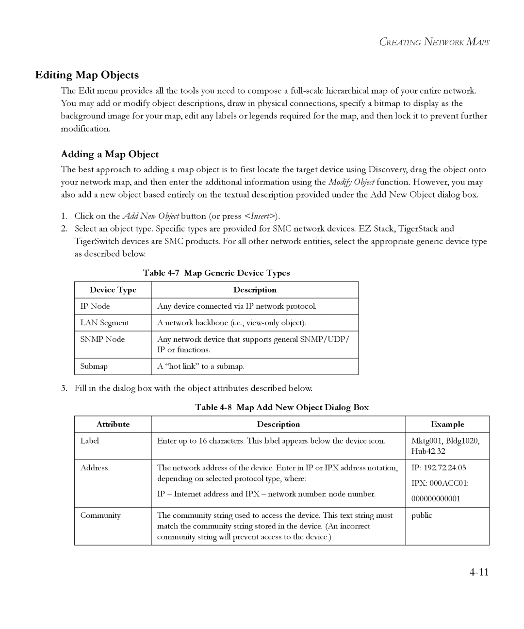 SMC Networks 6.20 manual Editing Map Objects, Adding a Map Object, Map Generic Device Types, Map Add New Object Dialog Box 