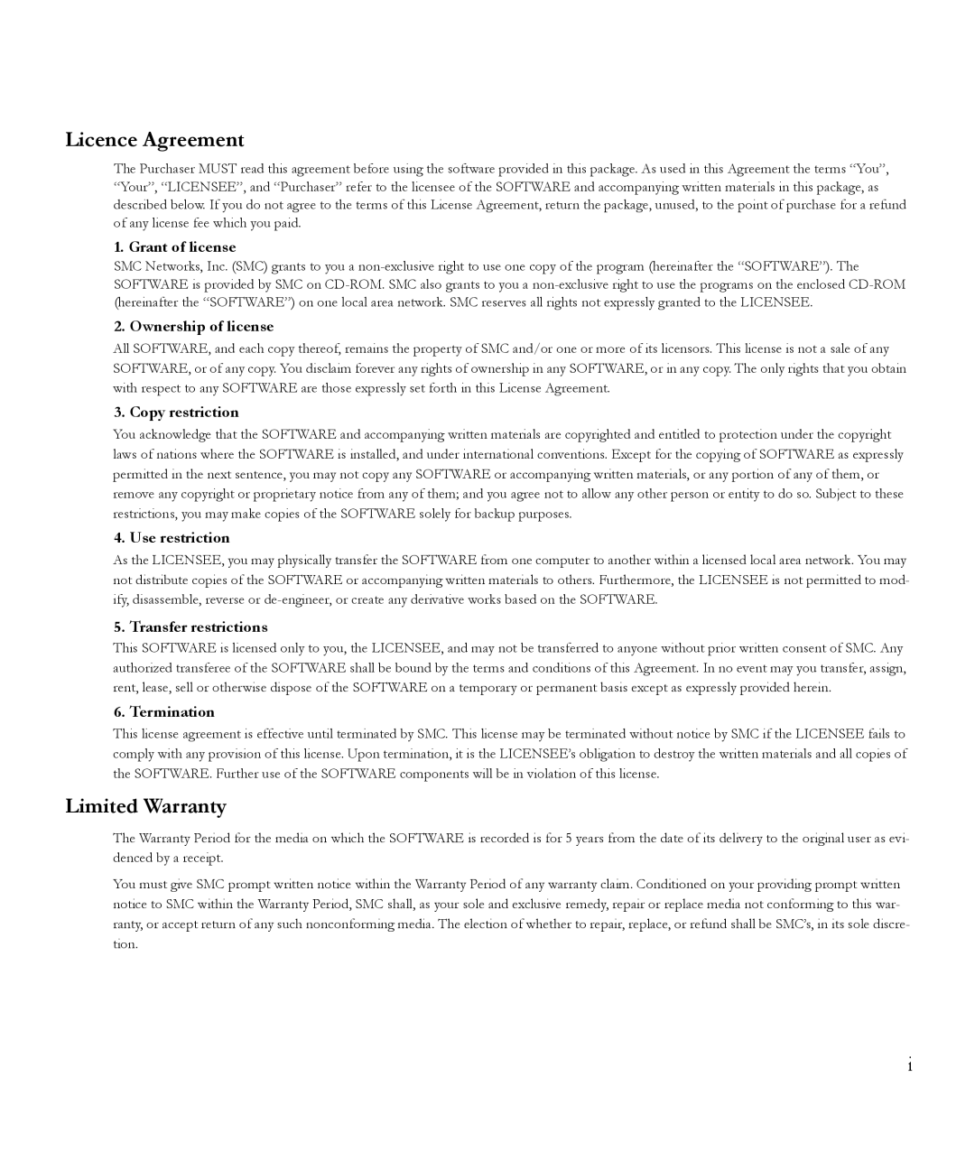 SMC Networks 6.20 manual Licence Agreement, Limited Warranty 