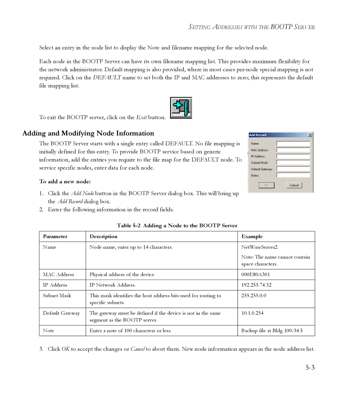 SMC Networks 6.20 manual Adding and Modifying Node Information, To add a new node, Adding a Node to the Bootp Server 