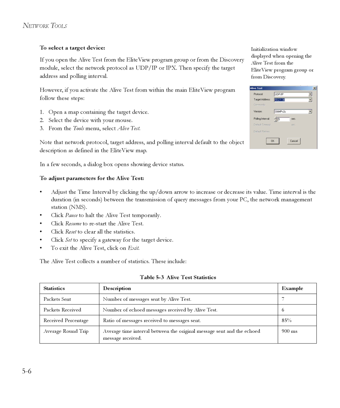 SMC Networks 6.20 manual To select a target device, To adjust parameters for the Alive Test, Alive Test Statistics 