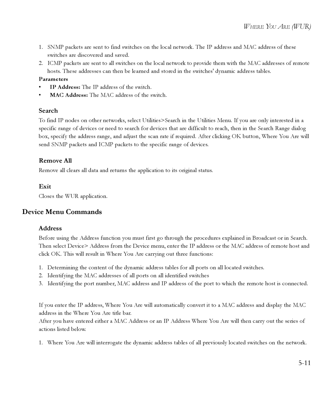 SMC Networks 6.20 manual Device Menu Commands, Search, Remove All, Exit, Address 