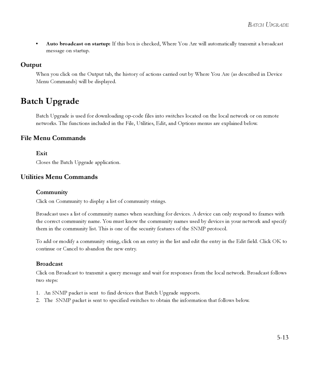 SMC Networks 6.20 manual Batch Upgrade, Output, Utilities Menu Commands 