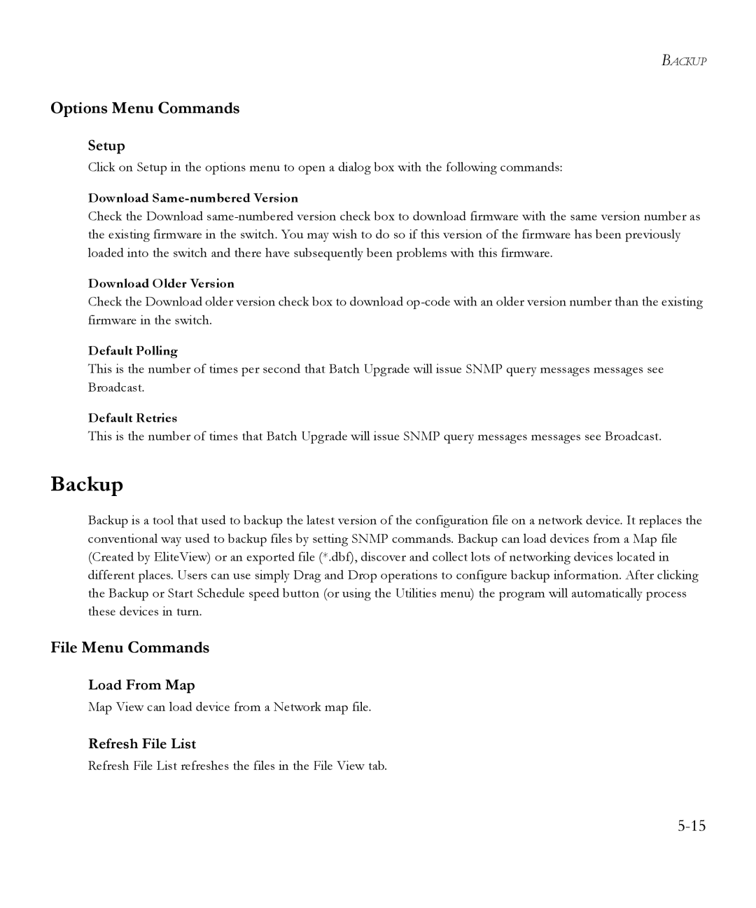 SMC Networks 6.20 manual Backup, Options Menu Commands, Load From Map, Refresh File List 