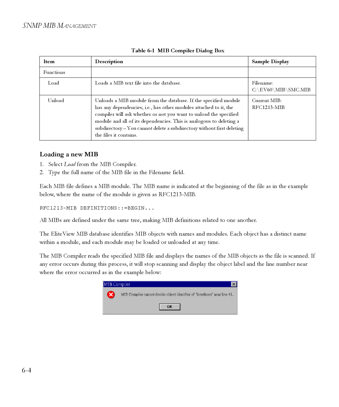 SMC Networks 6.20 manual Loading a new MIB, Description Sample Display 