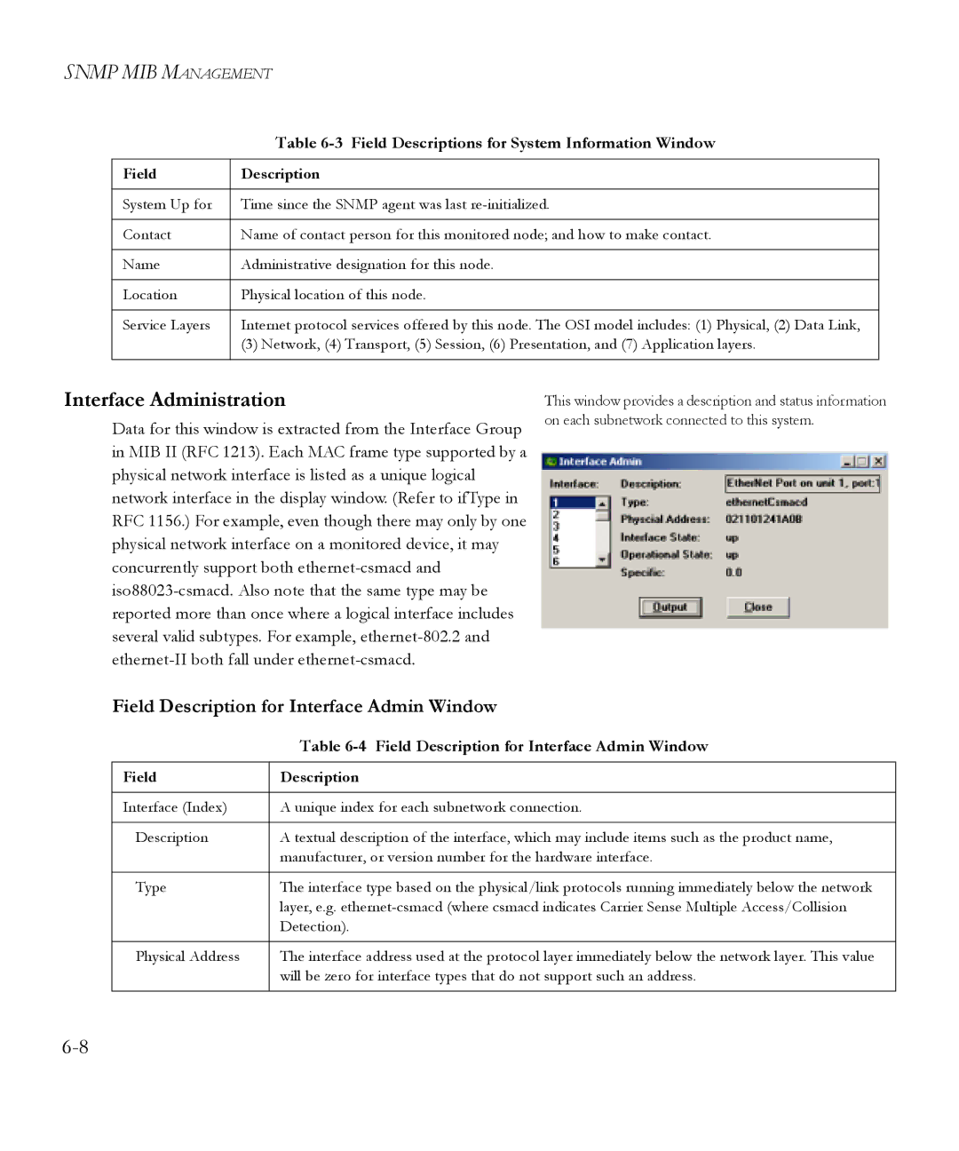 SMC Networks 6.20 manual Interface Administration, Field Description for Interface Admin Window 