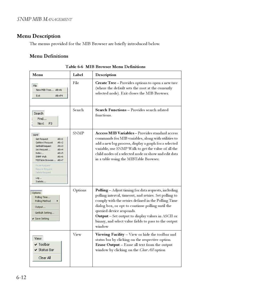 SMC Networks 6.20 manual Menu Description, MIB Browser Menu Definitions 