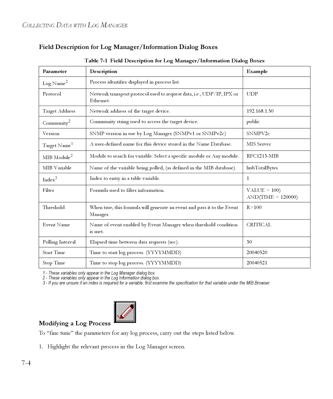 SMC Networks 6.20 manual Field Description for Log Manager/Information Dialog Boxes, Modifying a Log Process 