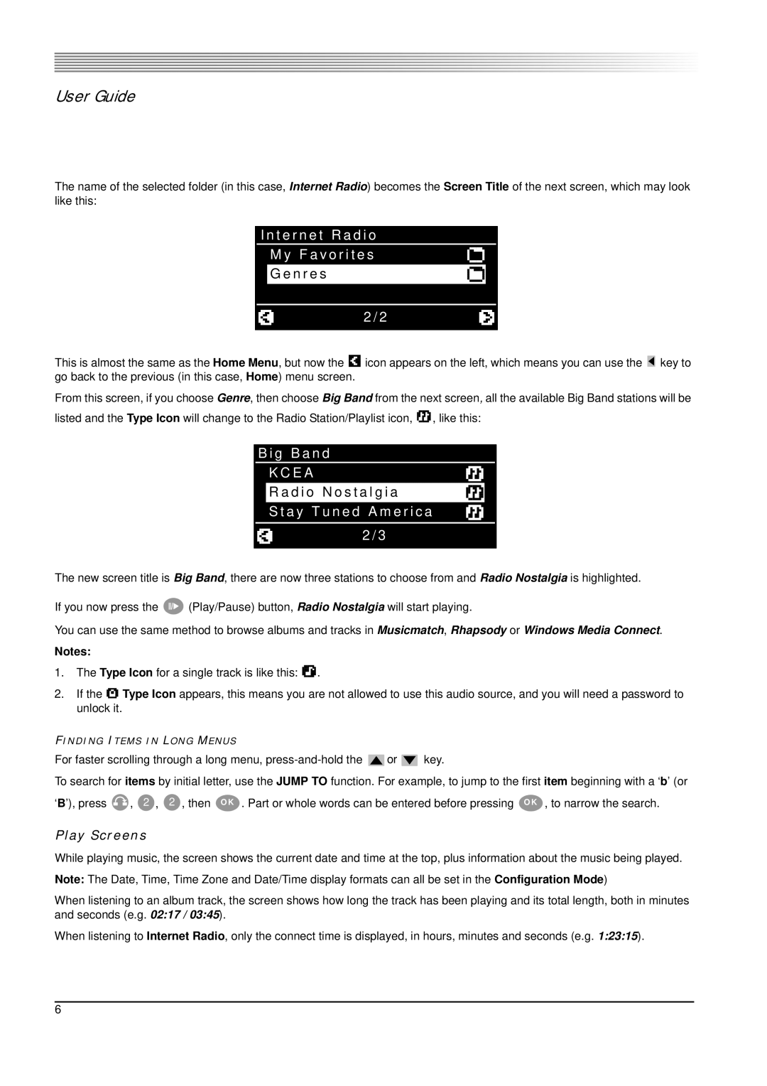 SMC Networks 802.11g manual T e r n e t R a d i o F a v o r i t e s, Play Screens 