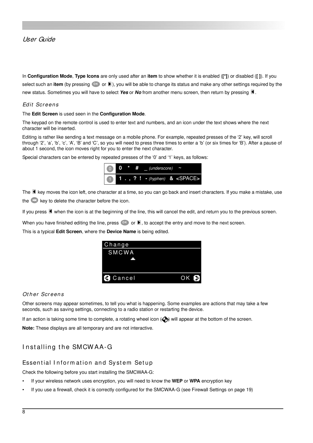 SMC Networks 802.11g manual Installing the SMCWAA-G, Essential Information and System Setup, Edit Screens, Other Screens 