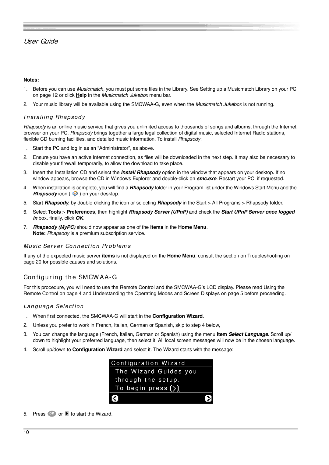 SMC Networks 802.11g Configuring the SMCWAA-G, Installing Rhapsody, Music Server Connection Problems, Language Selection 