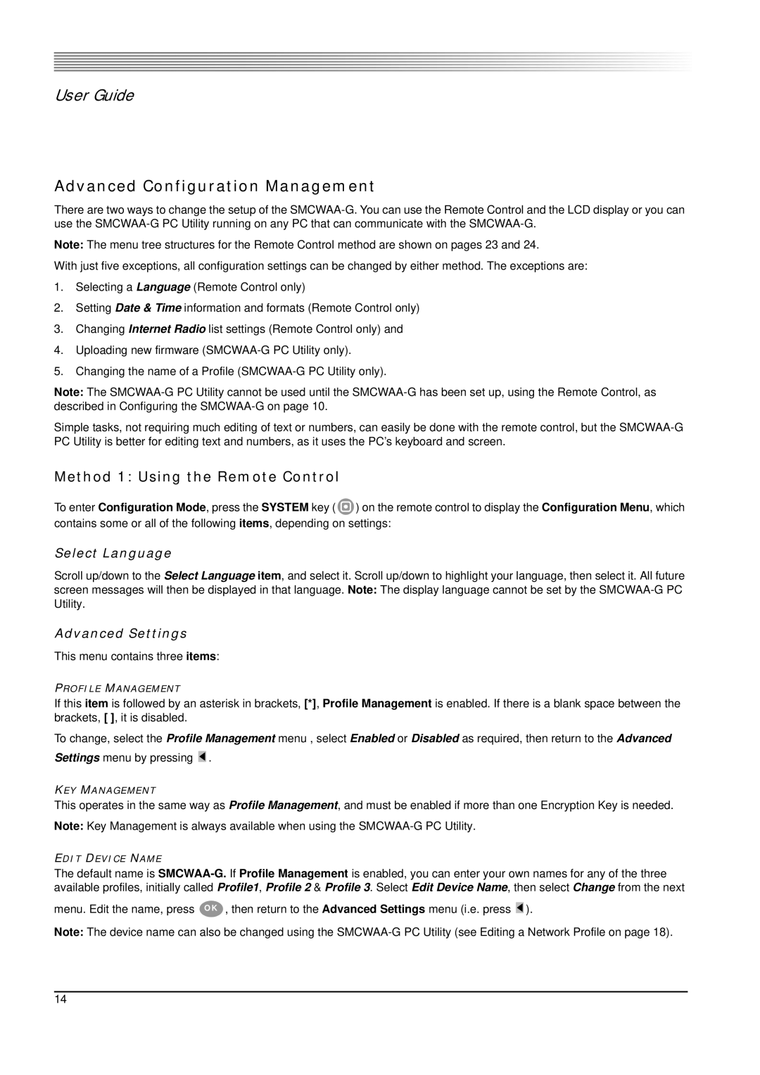 SMC Networks 802.11g manual Advanced Configuration Management, Method 1 Using the Remote Control, Select Language 