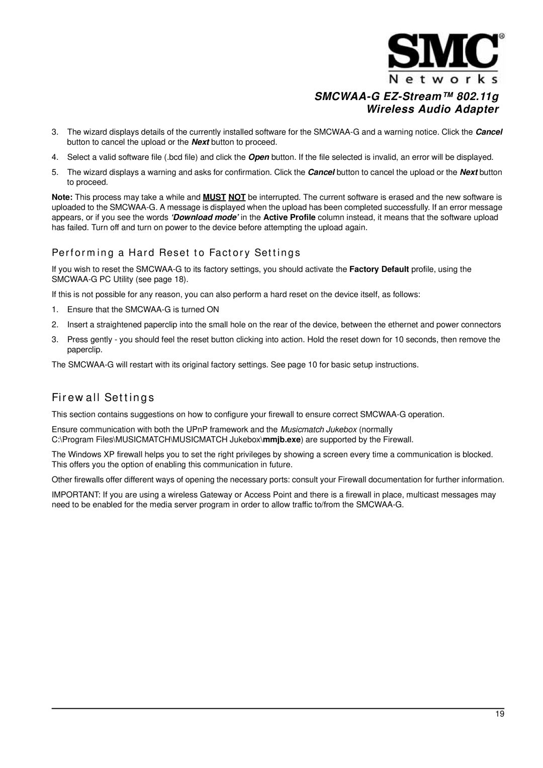 SMC Networks 802.11g manual Firewall Settings, Performing a Hard Reset to Factory Settings 