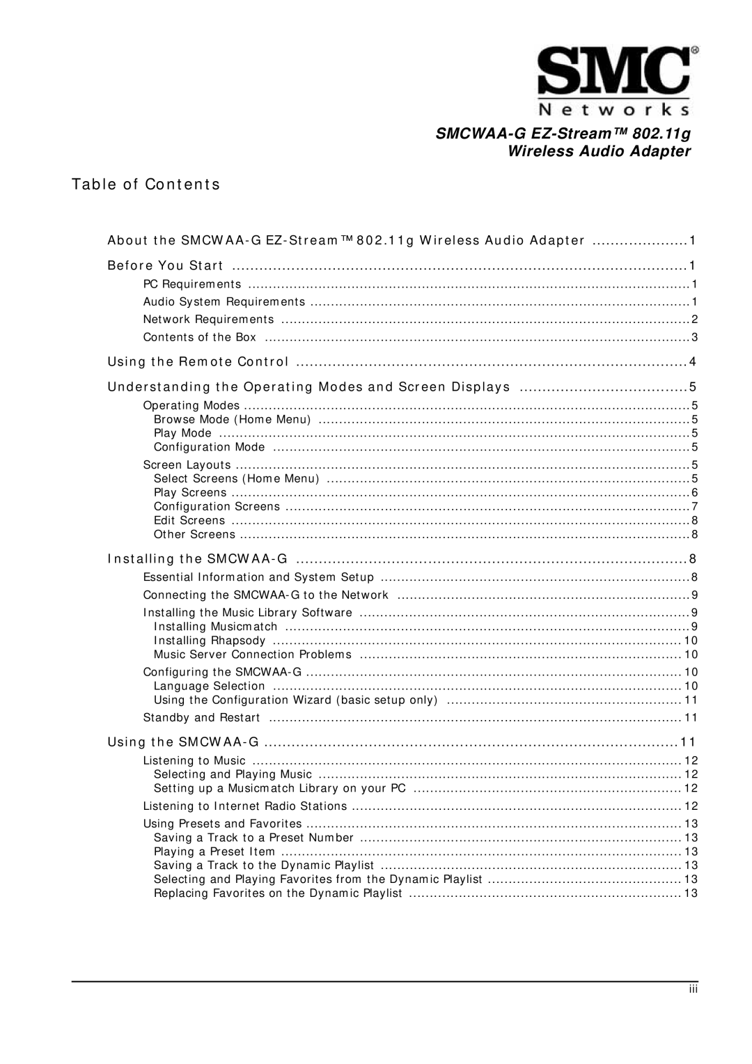 SMC Networks 802.11g manual Table of Contents 