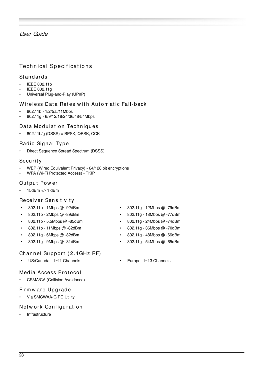 SMC Networks 802.11g manual Technical Specifications 