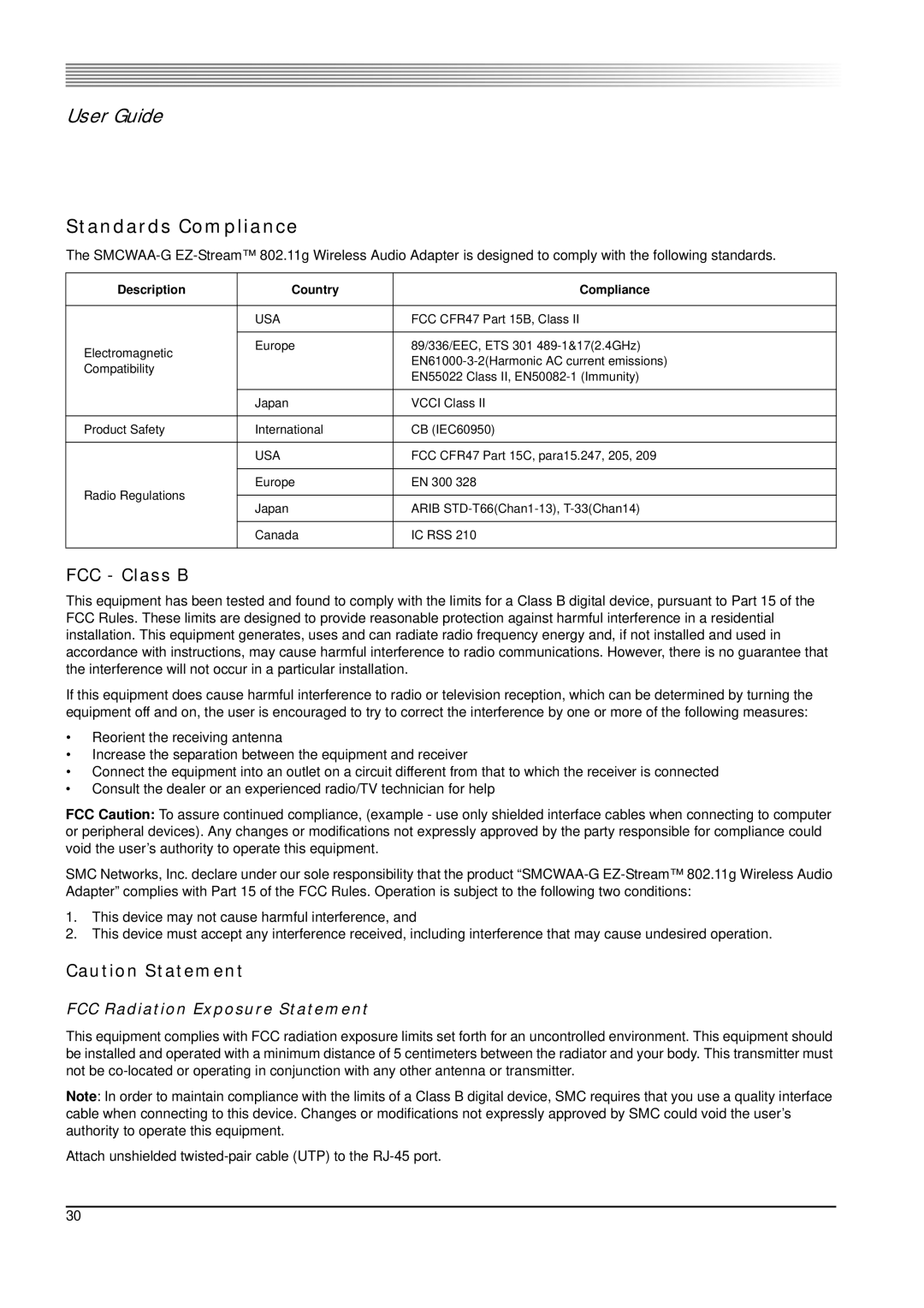 SMC Networks 802.11g Standards Compliance, FCC Class B, FCC Radiation Exposure Statement, Description Country Compliance 