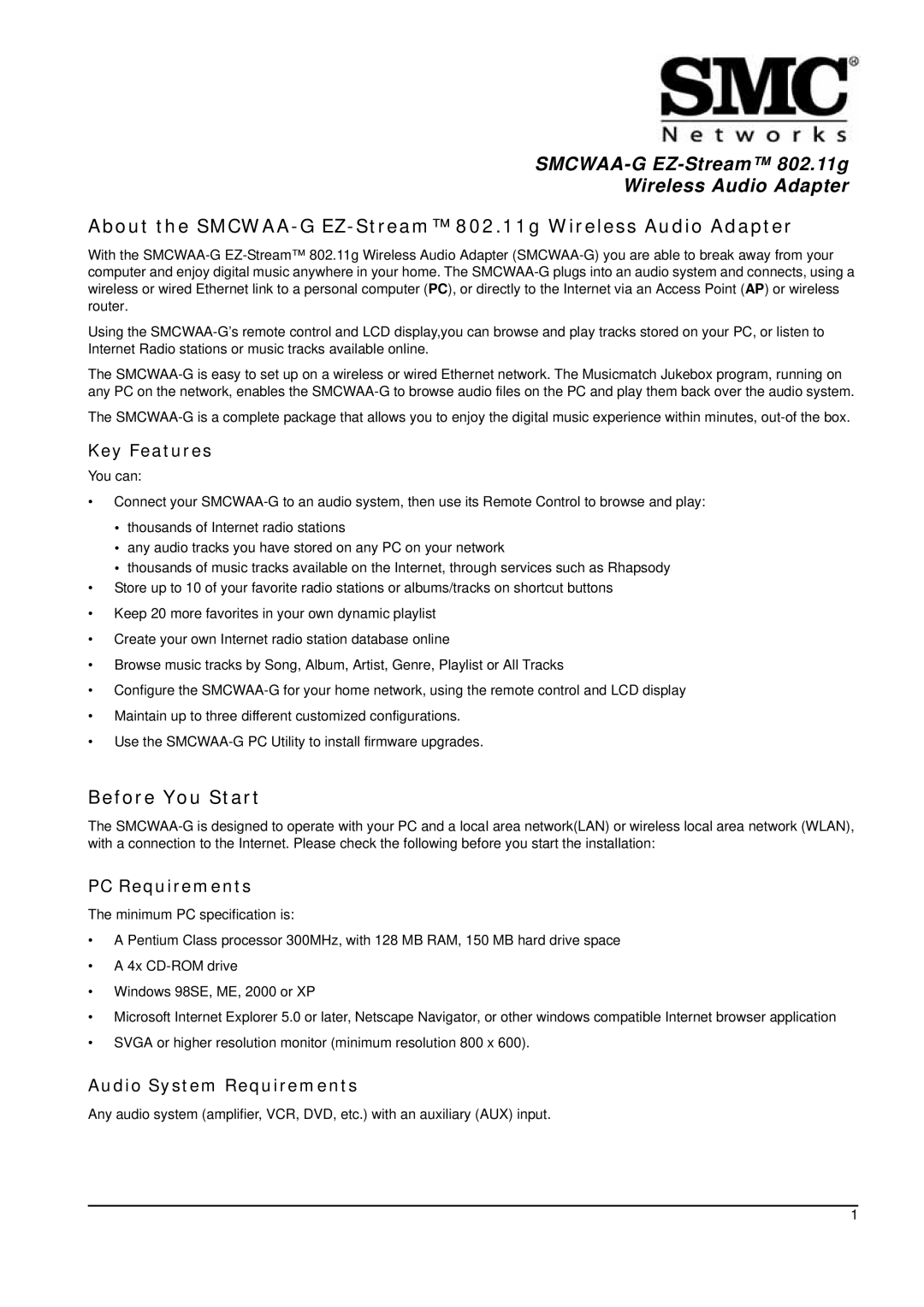 SMC Networks manual About the SMCWAA-G EZ-Stream 802.11g Wireless Audio Adapter, Before You Start, Key Features 