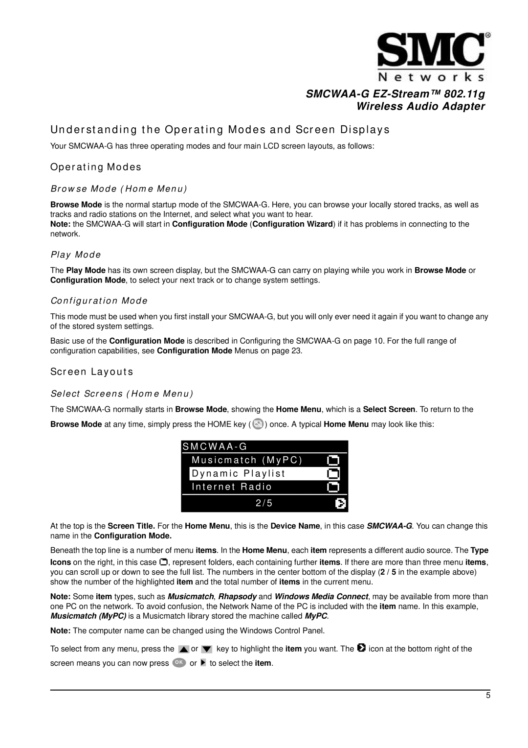 SMC Networks 802.11g manual Understanding the Operating Modes and Screen Displays, Screen Layouts 