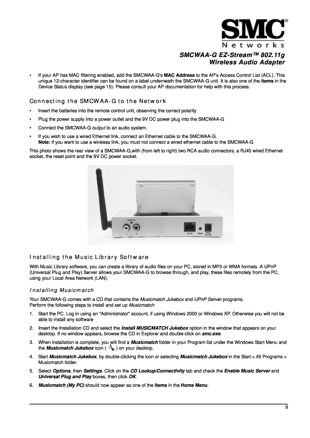 SMC Networks manual SMCWAA-G EZ-Stream 802.11g Wireless Audio Adapter, Connecting the SMCWAA-G to the Network 