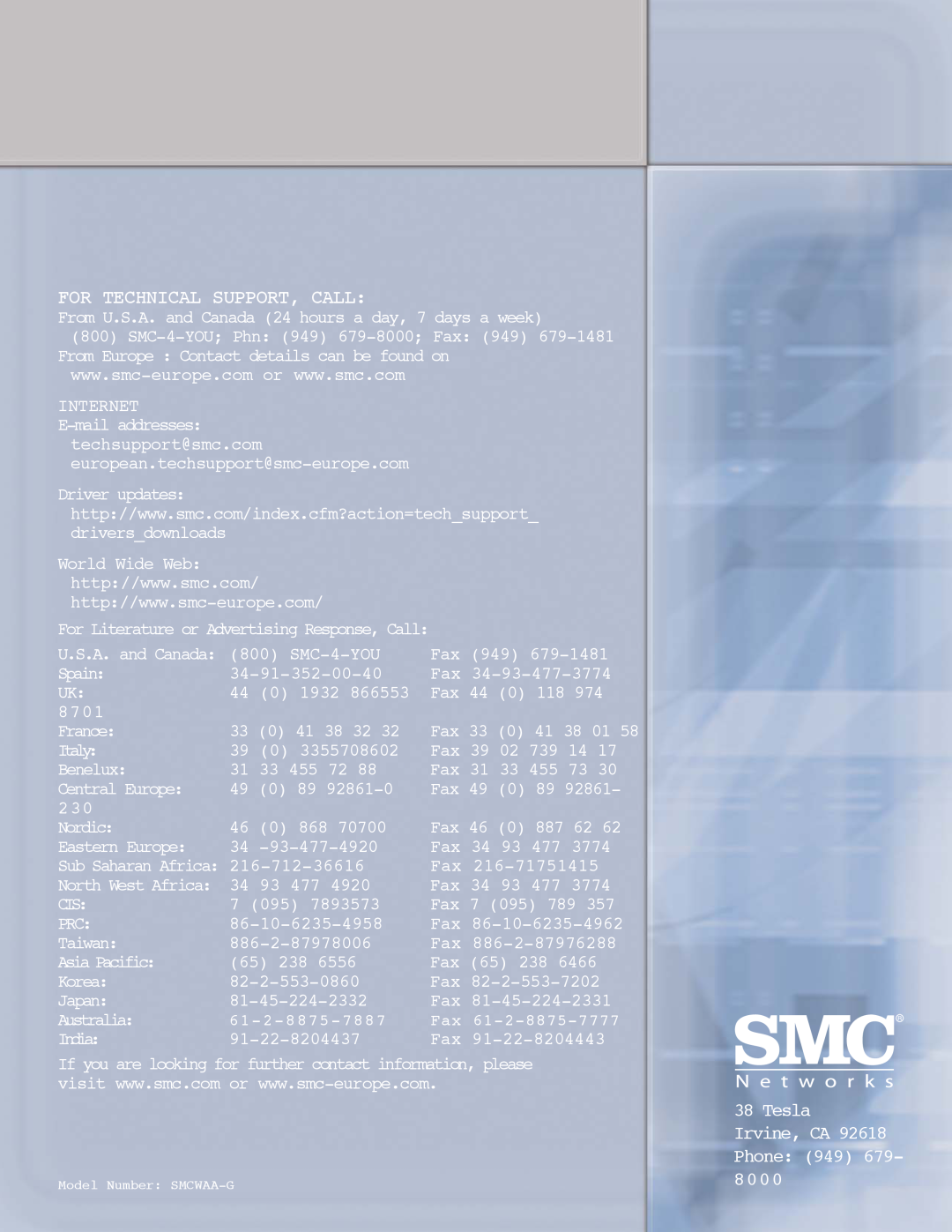 SMC Networks 802.11g manual For Technical Support, Call, Tesla Irvine, CA 92618 Phone 949 679 