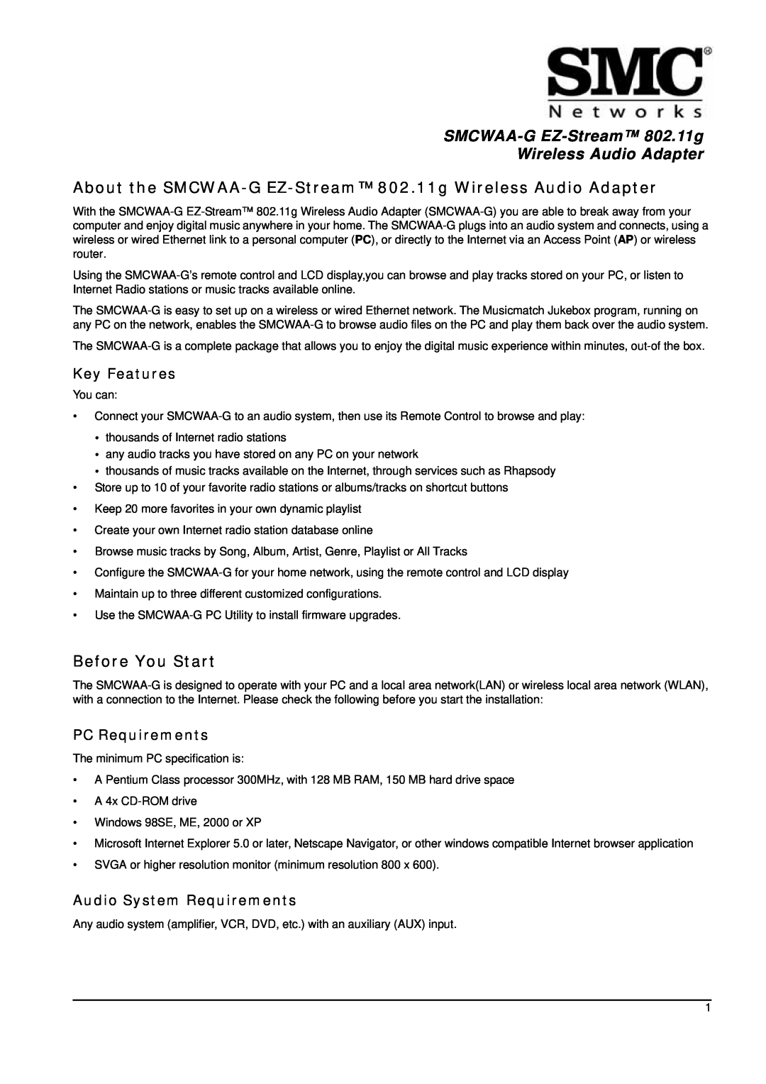 SMC Networks manual About the SMCWAA-G EZ-Stream 802.11g Wireless Audio Adapter, Before You Start, Key Features 
