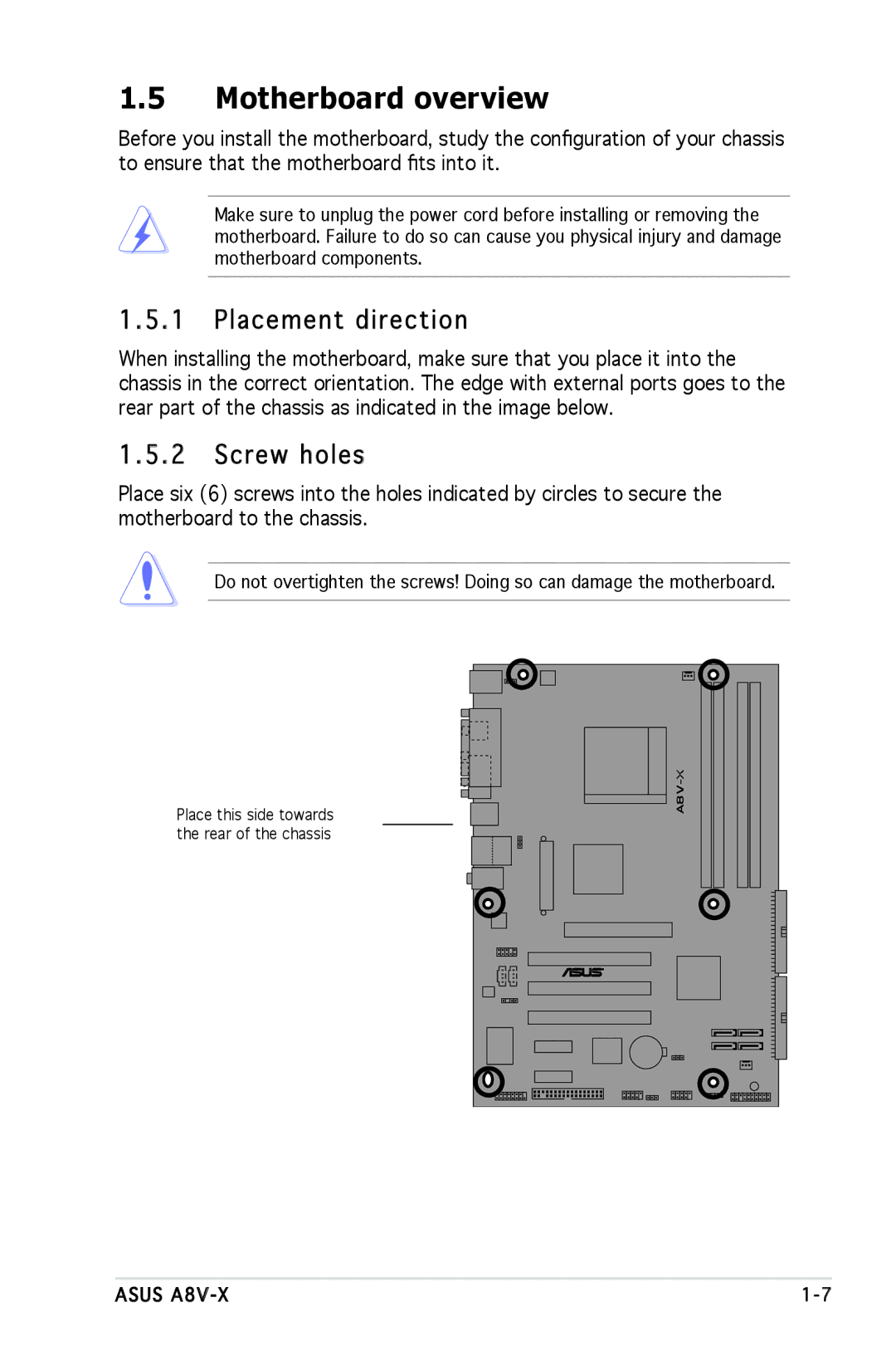 SMC Networks A8V-X manual Motherboard overview, Placement direction, Screw holes 