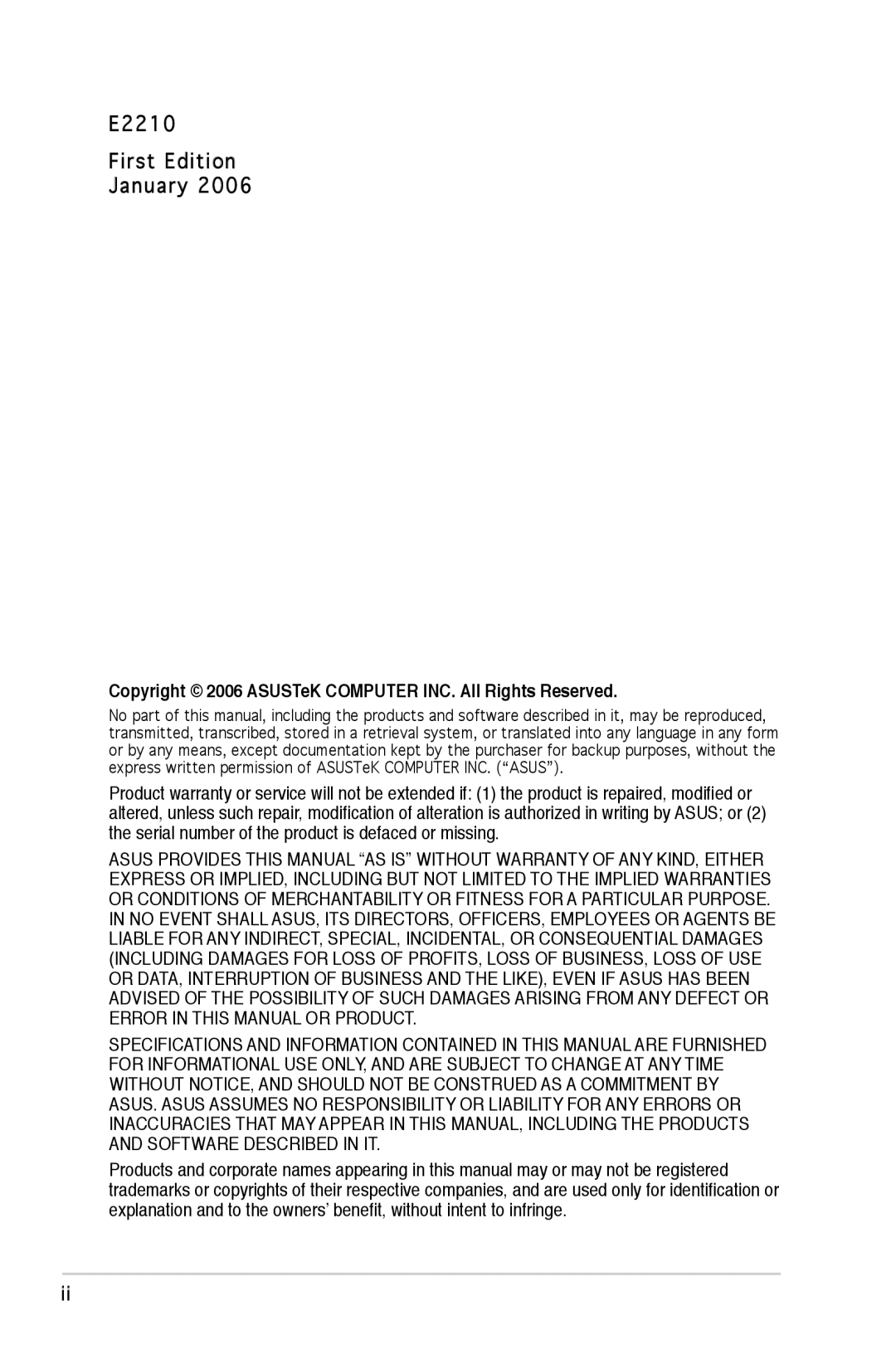 SMC Networks A8V-X manual E2210 First Edition January, Copyright 2006 ASUSTeK Computer INC. All Rights Reserved 