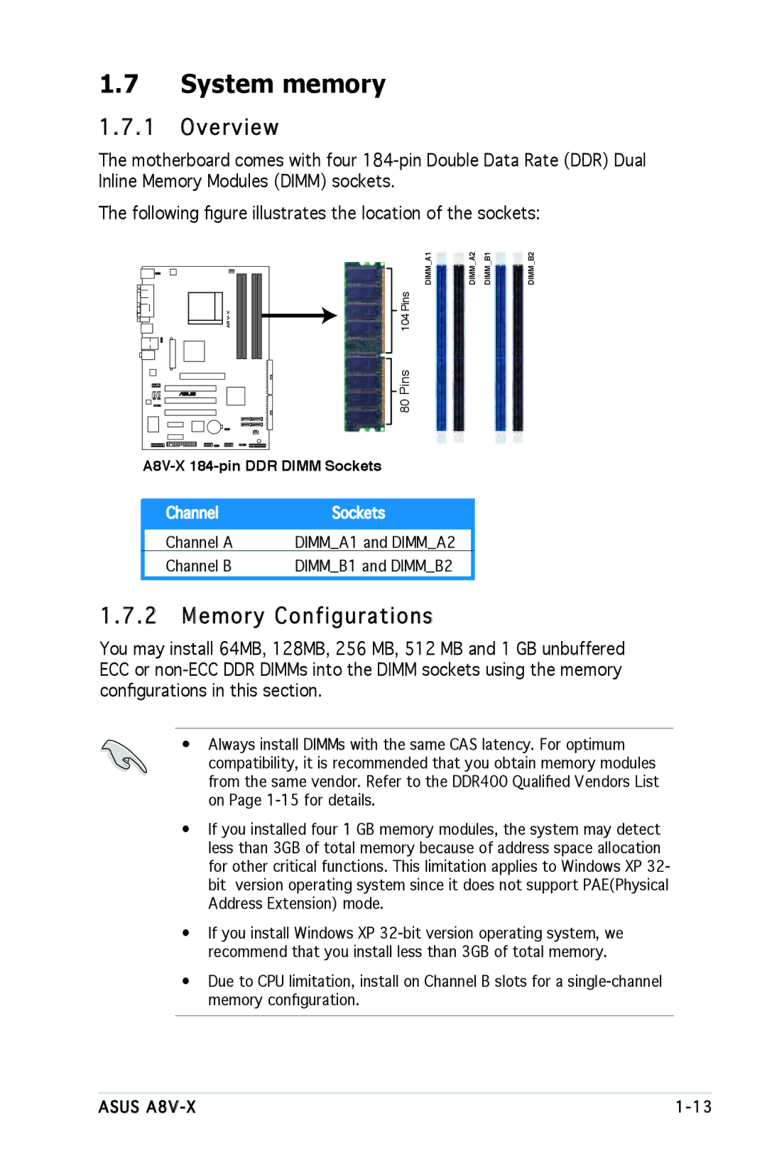 SMC Networks A8V-X manual System memory, Memory Configurations 