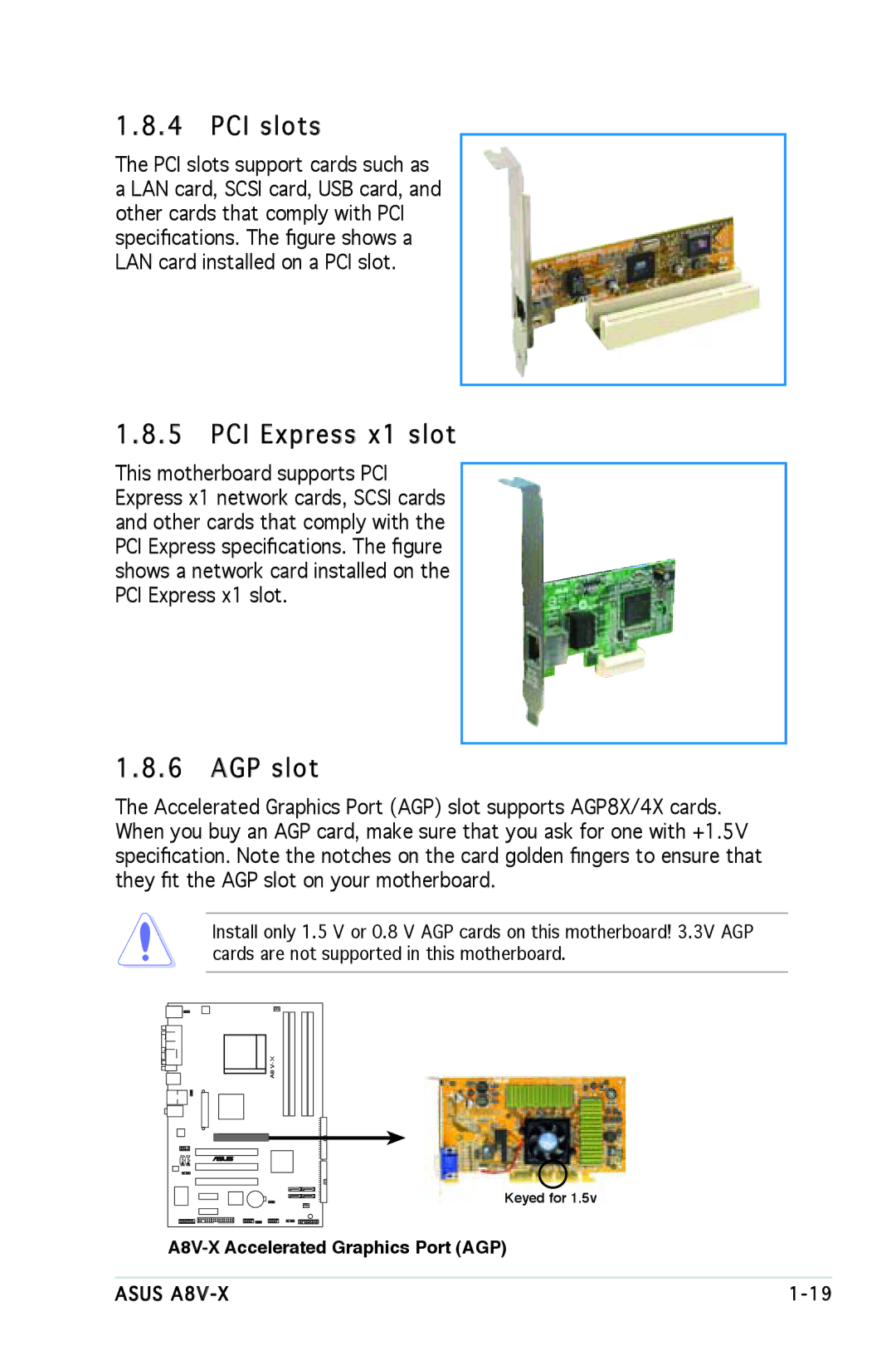 SMC Networks A8V-X manual PCI slots, PCI Express x1 slot, AGP slot 