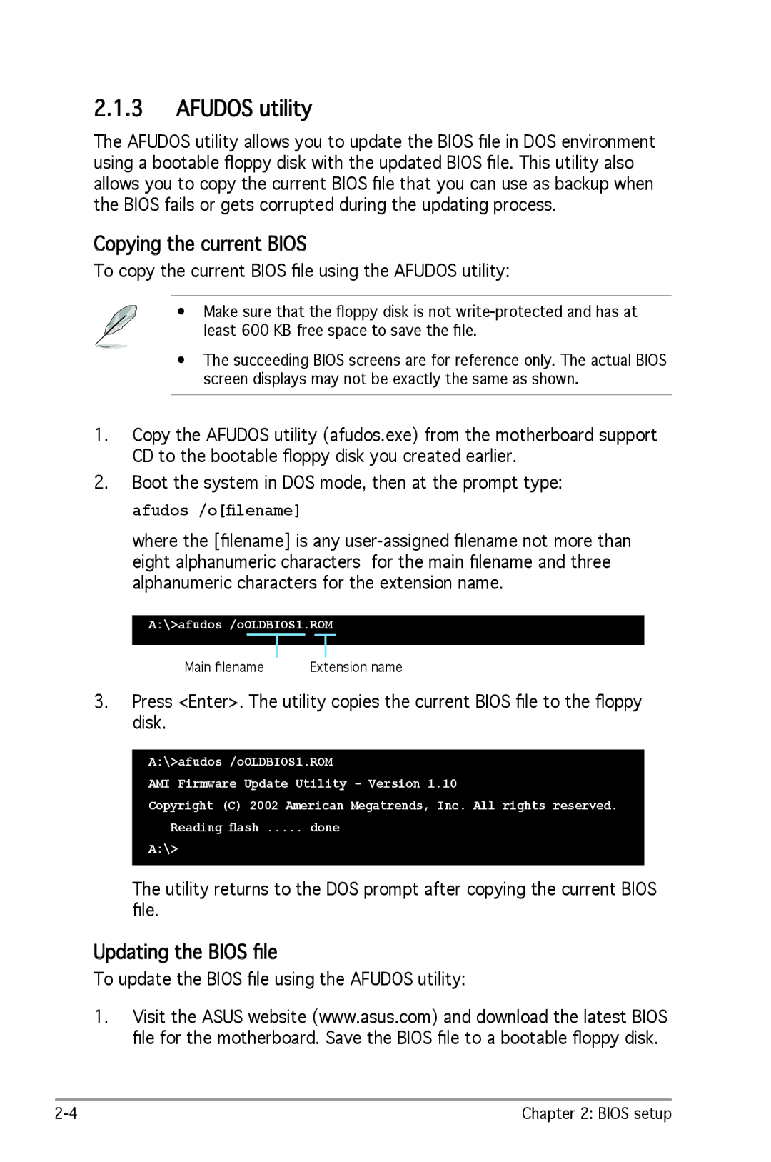 SMC Networks A8V-X manual Afudos utility, Copying the current Bios, Updating the Bios ﬁle 