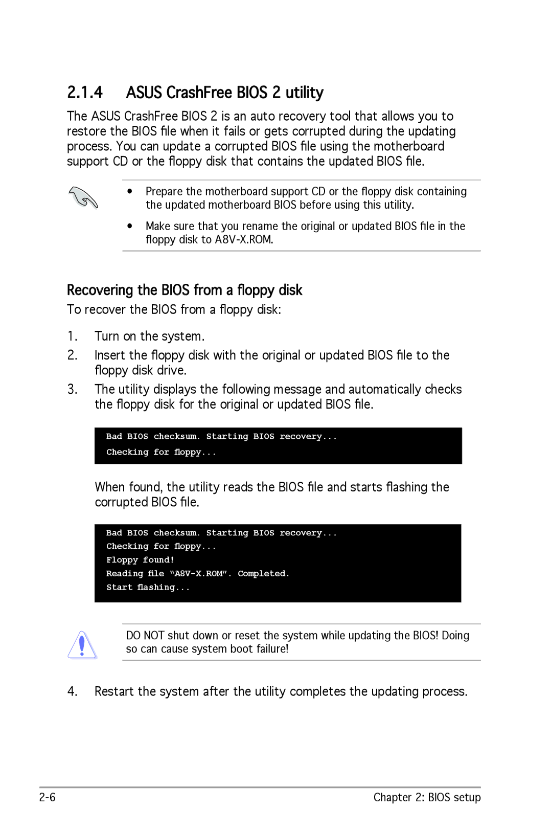 SMC Networks A8V-X manual Asus CrashFree Bios 2 utility, Recovering the Bios from a ﬂoppy disk 