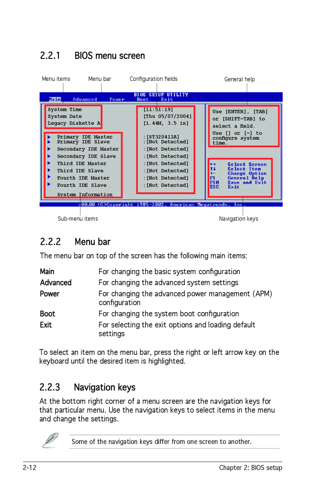 SMC Networks A8V-X manual Bios menu screen, Menu bar, Navigation keys, Conﬁguration 