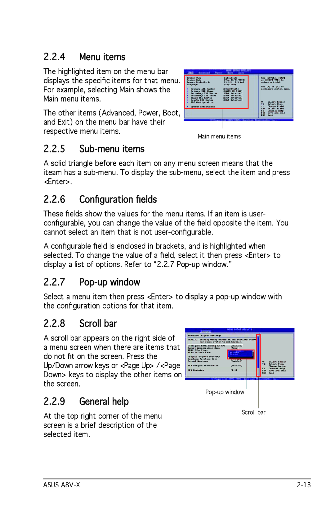 SMC Networks A8V-X manual Menu items, Sub-menu items, 6 Conﬁguration ﬁelds, Pop-up window, Scroll bar, General help 