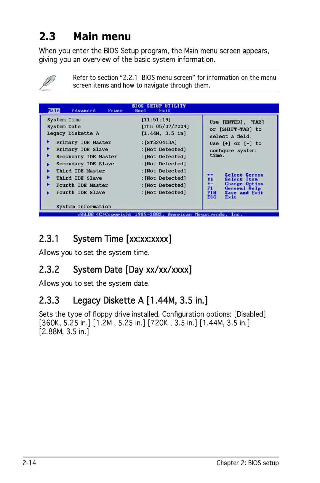 SMC Networks A8V-X manual Main menu, System Time, System Date Day xx/xx/xxxx, Legacy Diskette a 1.44M, 3.5 