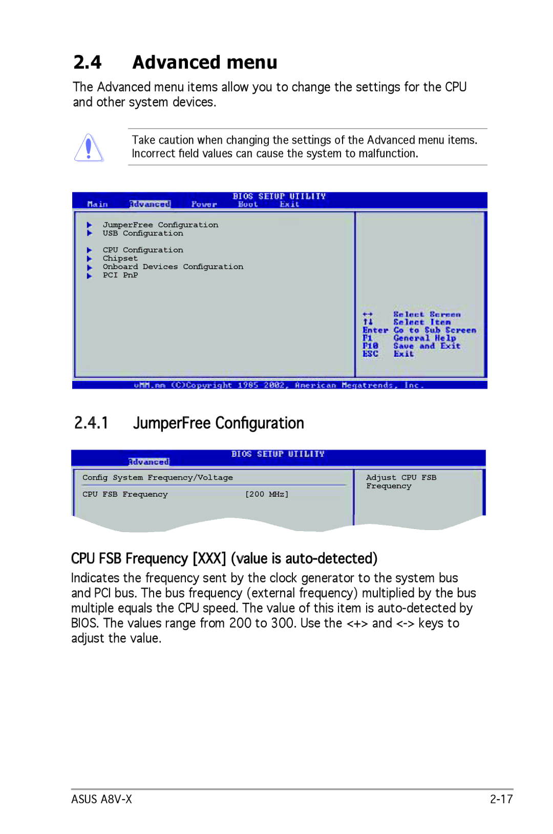 SMC Networks A8V-X manual Advanced menu, JumperFree Conﬁguration, CPU FSB Frequency XXX value is auto-detected 