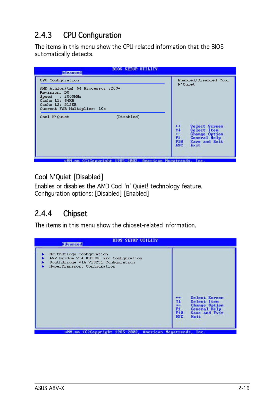 SMC Networks A8V-X manual CPU Conﬁguration, Chipset, Cool NʼQuiet Disabled 