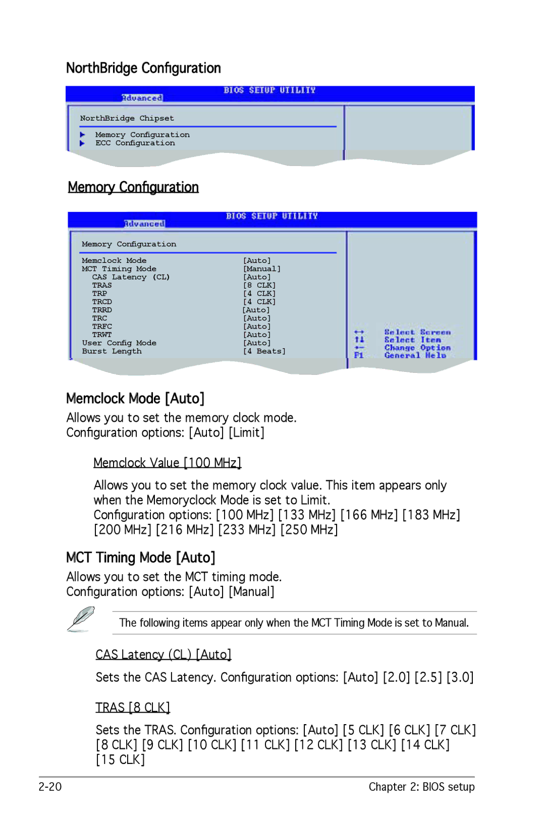 SMC Networks A8V-X manual NorthBridge Conﬁguration, Memory Conﬁguration, Memclock Mode Auto, MCT Timing Mode Auto 