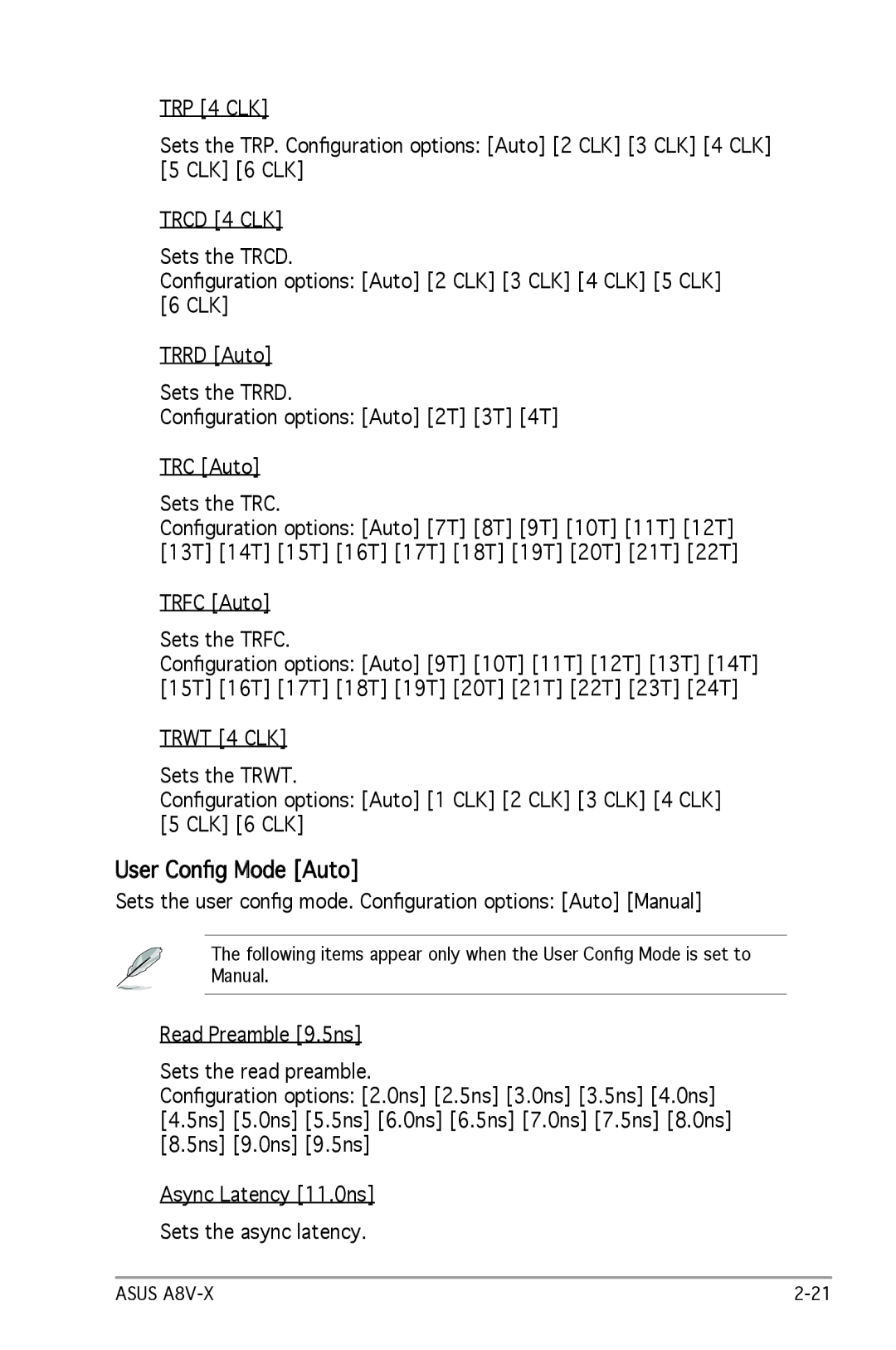 SMC Networks A8V-X manual User Conﬁg Mode Auto, Sets the user conﬁg mode. Conﬁguration options Auto Manual 