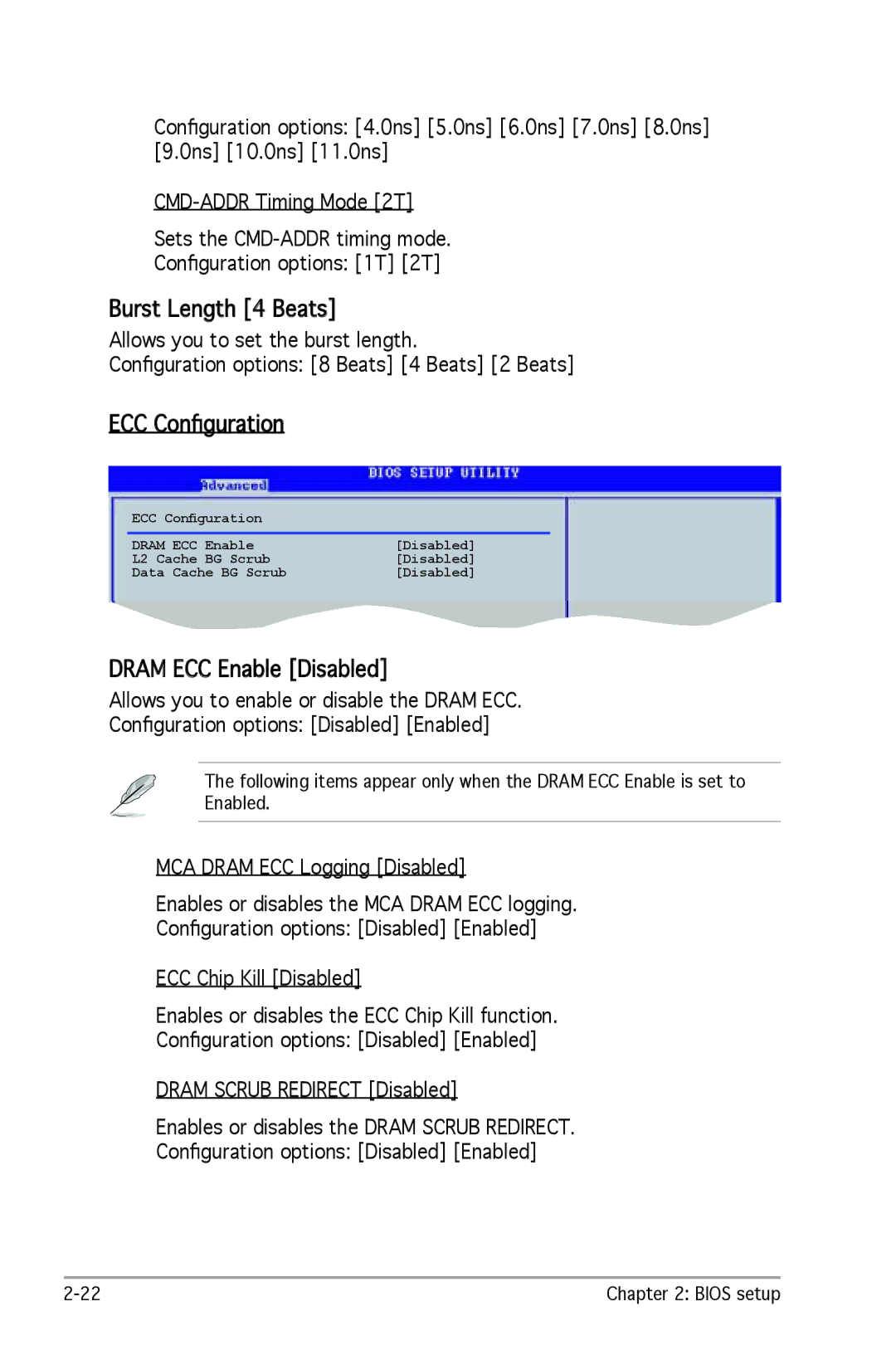 SMC Networks A8V-X manual Burst Length 4 Beats, ECC Conﬁguration, Dram ECC Enable Disabled 