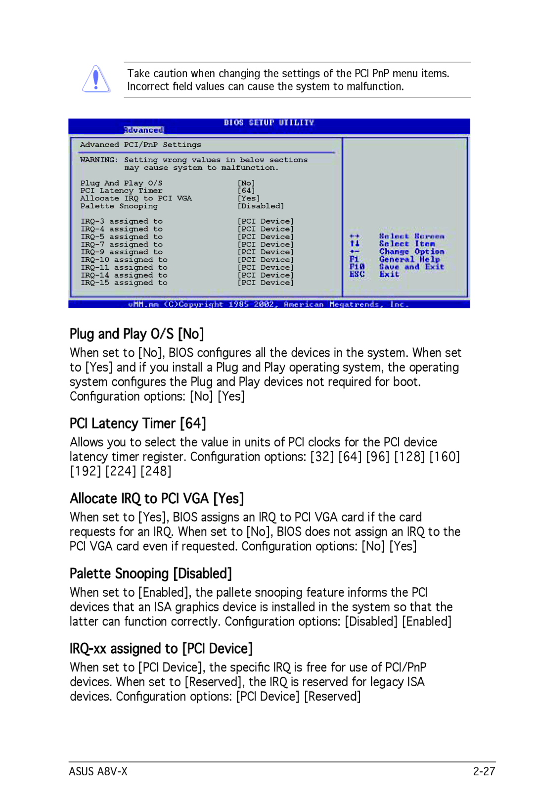 SMC Networks A8V-X manual Plug and Play O/S No, PCI Latency Timer, Allocate IRQ to PCI VGA Yes, Palette Snooping Disabled 