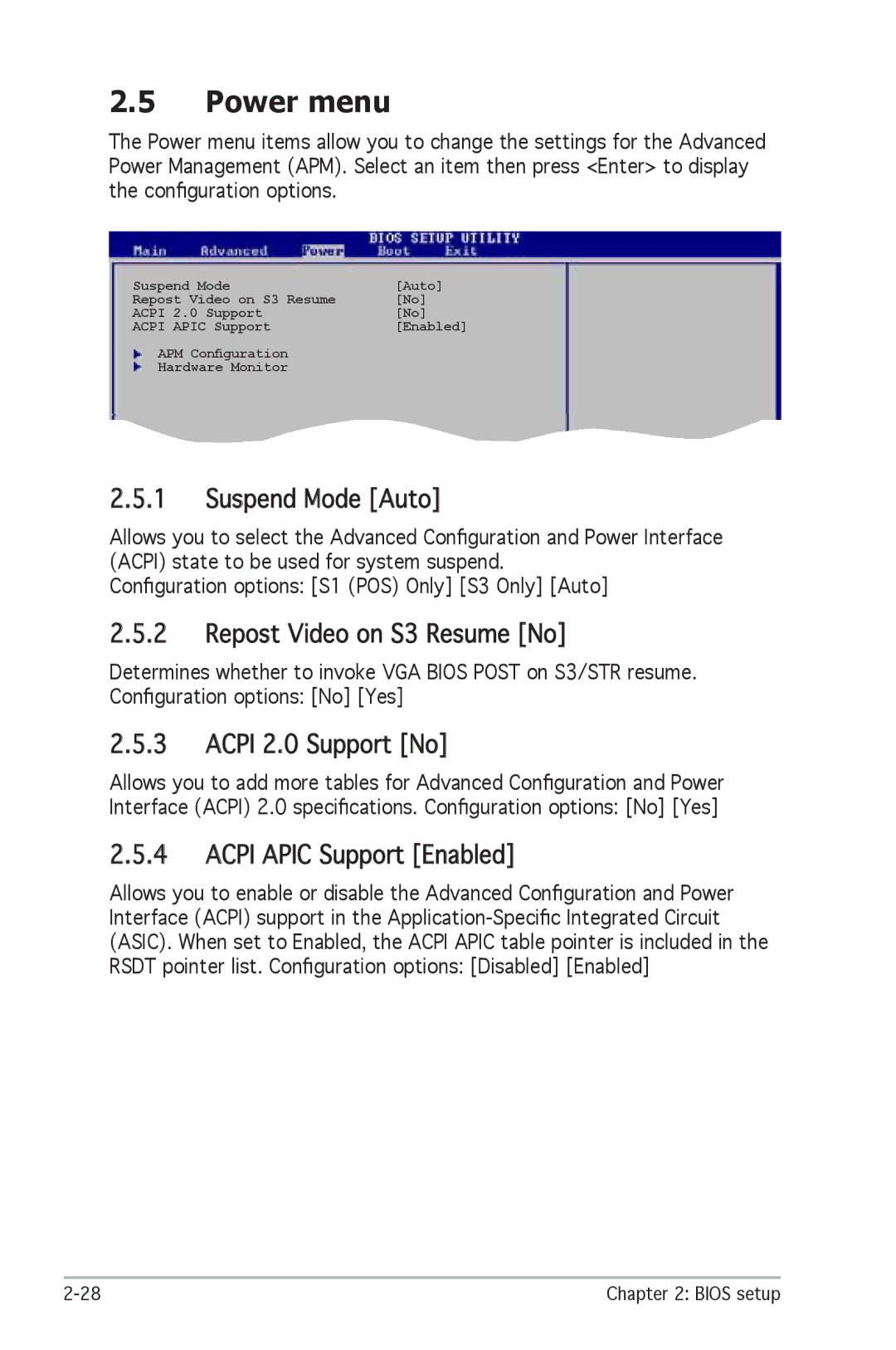 SMC Networks A8V-X manual Power menu, Suspend Mode Auto, Repost Video on S3 Resume No, Acpi 2.0 Support No 