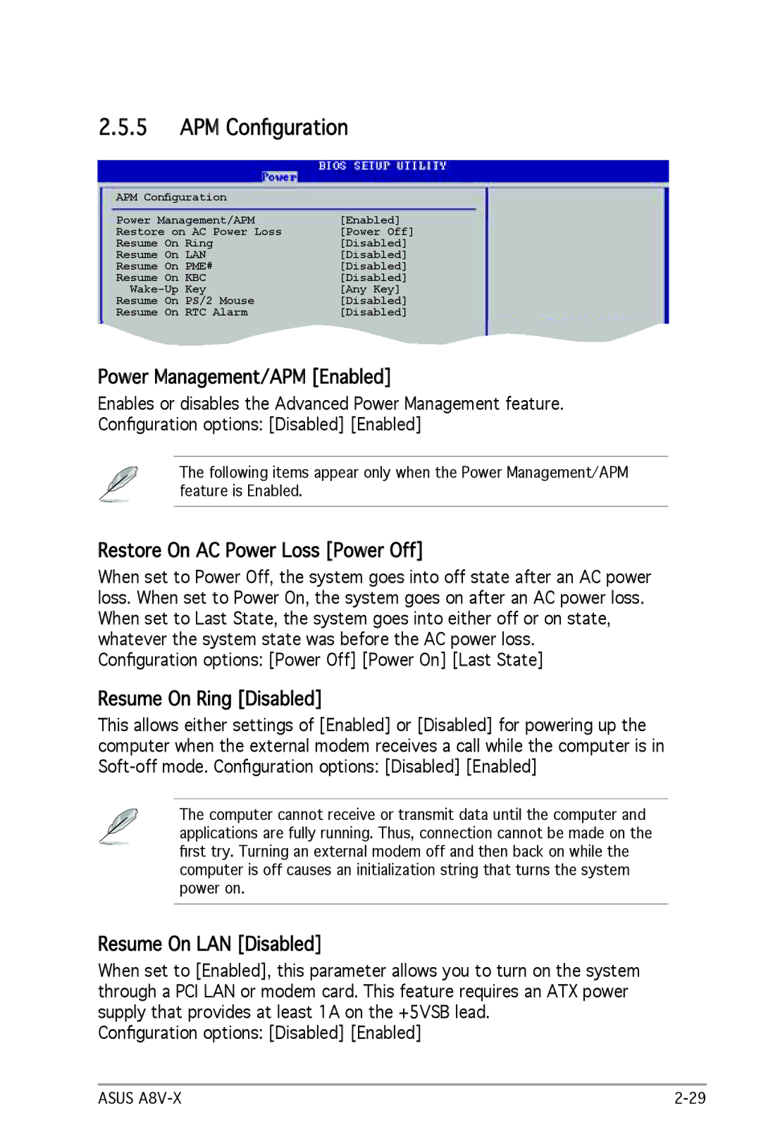 SMC Networks A8V-X manual APM Conﬁguration, Power Management/APM Enabled, Restore On AC Power Loss Power Off 