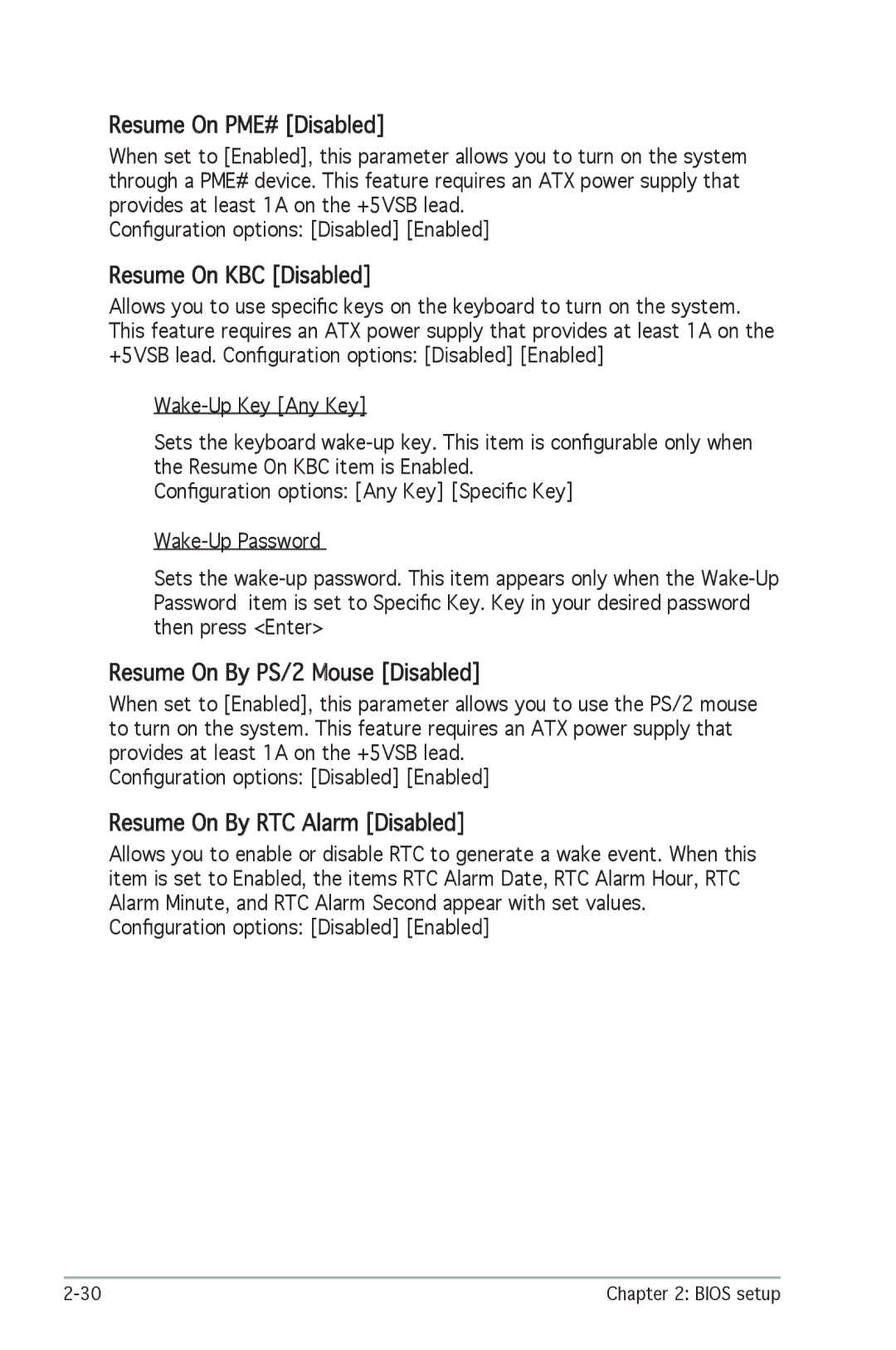 SMC Networks A8V-X manual Resume On PME# Disabled, Resume On KBC Disabled, Resume On By PS/2 Mouse Disabled 