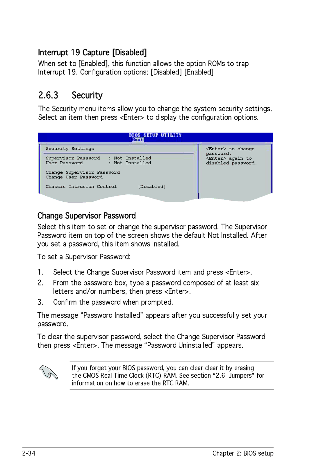 SMC Networks A8V-X manual Security, Interrupt 19 Capture Disabled, Change Supervisor Password 