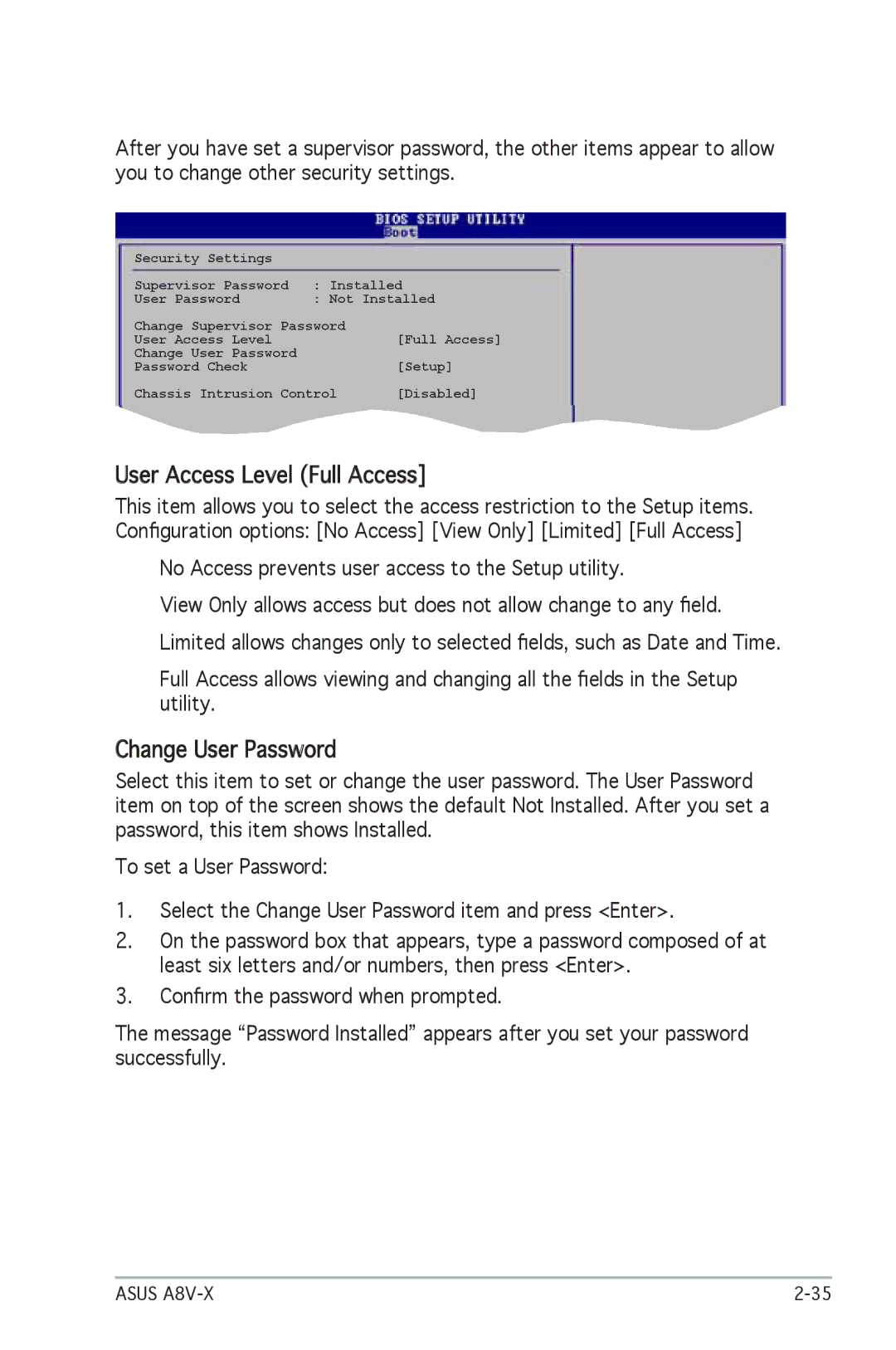 SMC Networks A8V-X manual User Access Level Full Access, Change User Password 