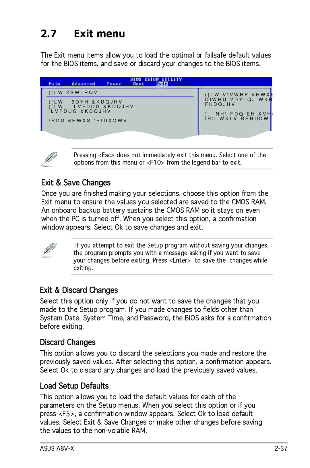 SMC Networks A8V-X manual Exit menu, Exit & Save Changes, Exit & Discard Changes, Load Setup Defaults 