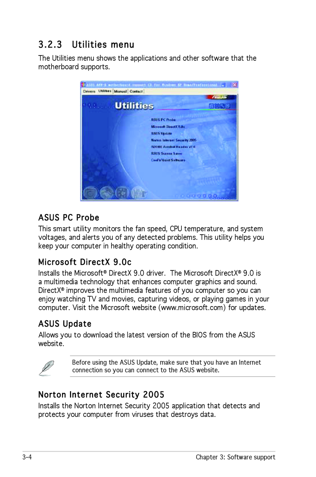 SMC Networks A8V-X manual Utilities menu, Asus PC Probe, Microsoft DirectX 9.0c Asus Update, Norton Internet Security 