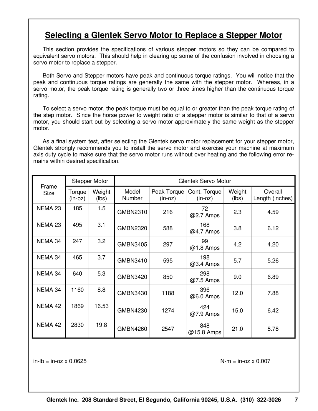 SMC Networks Amplifier manual Selecting a Glentek Servo Motor to Replace a Stepper Motor 