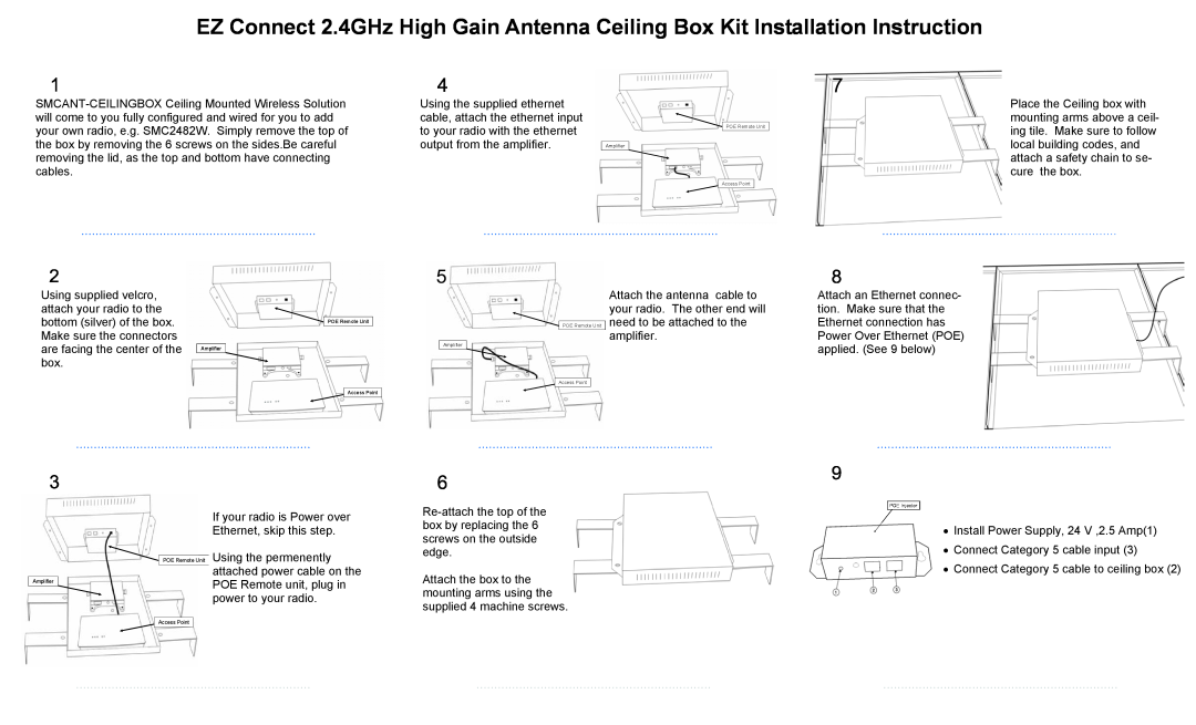 SMC Networks Antenna Ceiling Box Kit warranty Install Power Supply, 24 V ,2.5 Amp1 